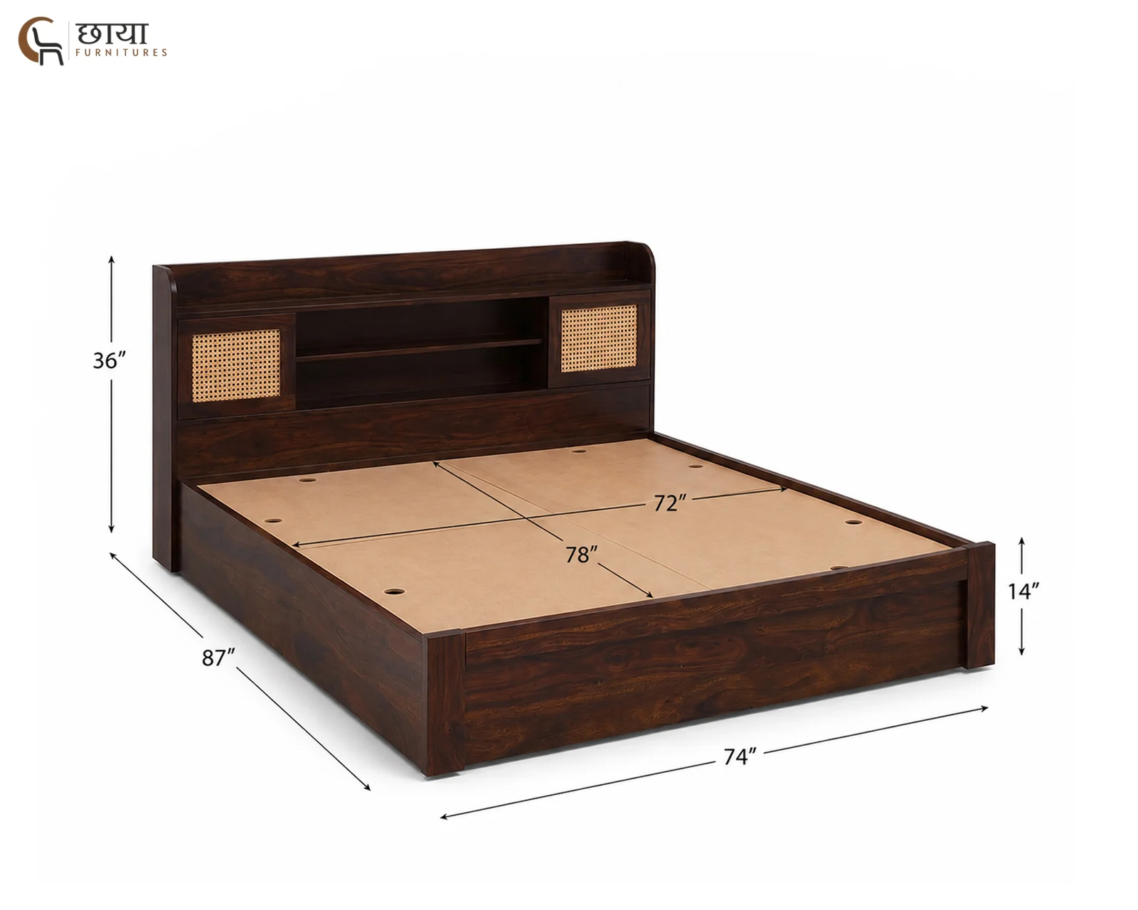 Nivas Sheesham Wood Bed With Box Storage (King Size, Walnut Finish) — King Size 001
