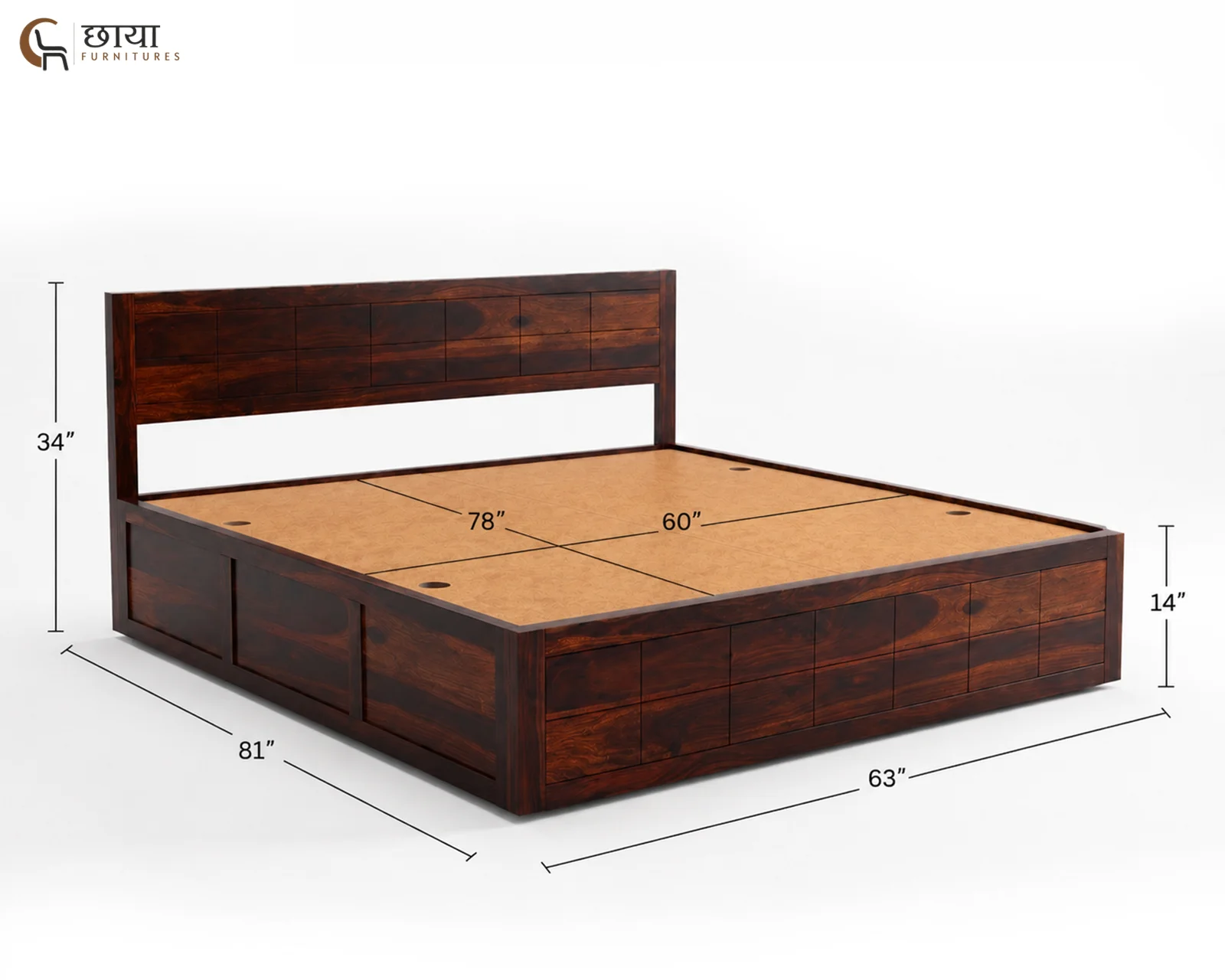 Orian Sheesham Wood Bed With Box Storage (Queen Size, Walnut Finish) — Queen Size 1