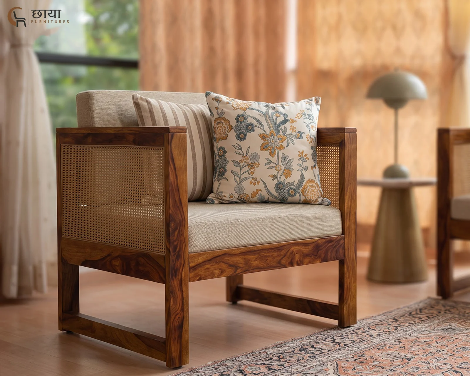 Baithak Single Seater Wooden Sofa (Honey Finish) — 74