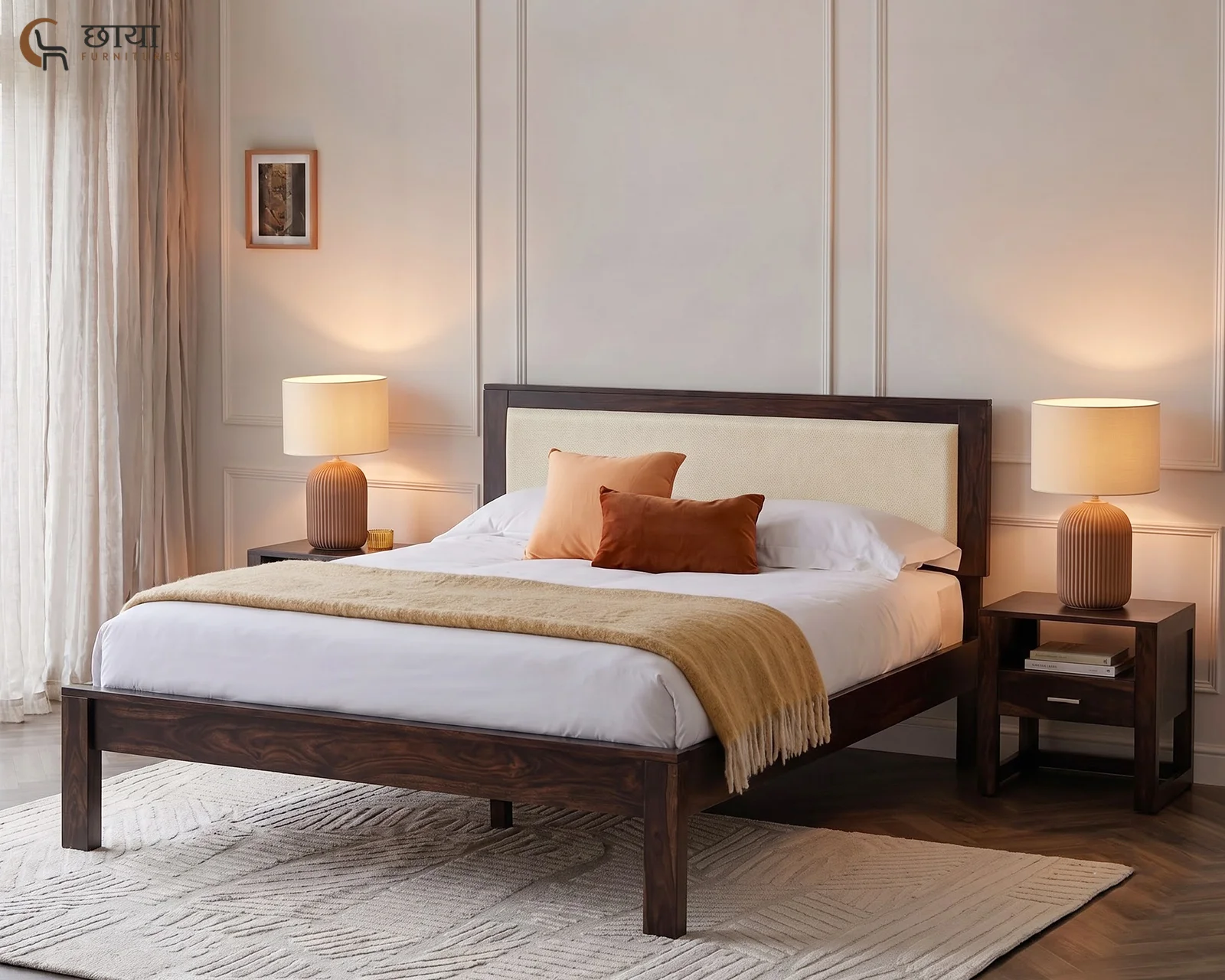 Riya Sheesham Wood Bed Without Storage (King Size, Walnut Finish) — 001
