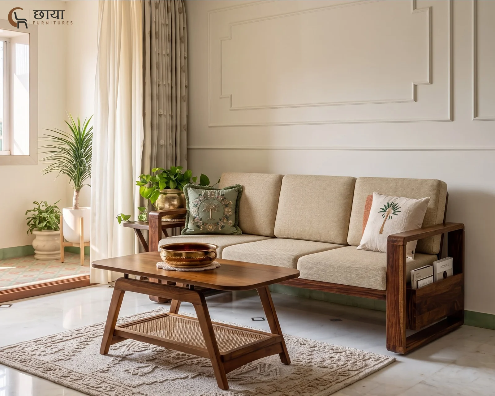 Aryan 3 Seater Wooden Sofa (Teak Finish) — (3)