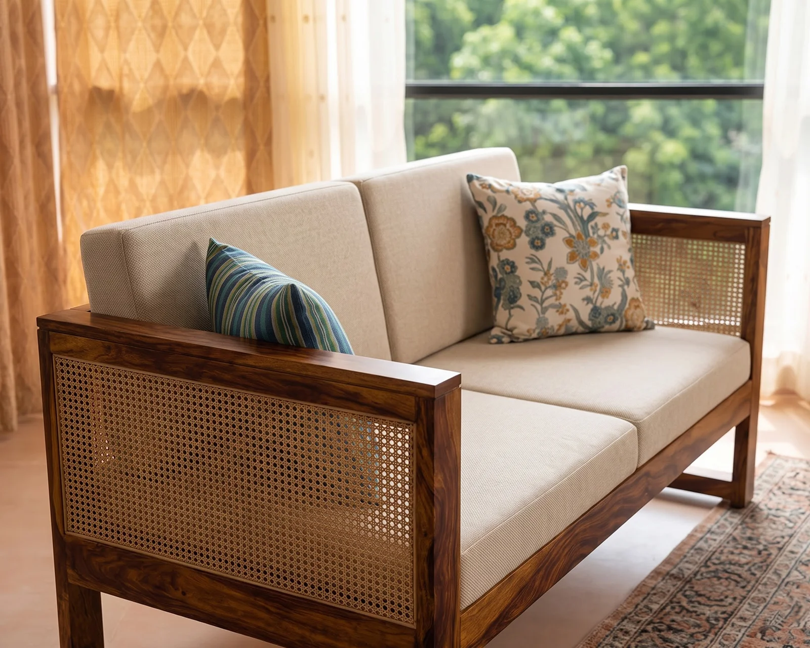 Baithak 2 Seater Wooden Sofa (Honey Finish) — 83