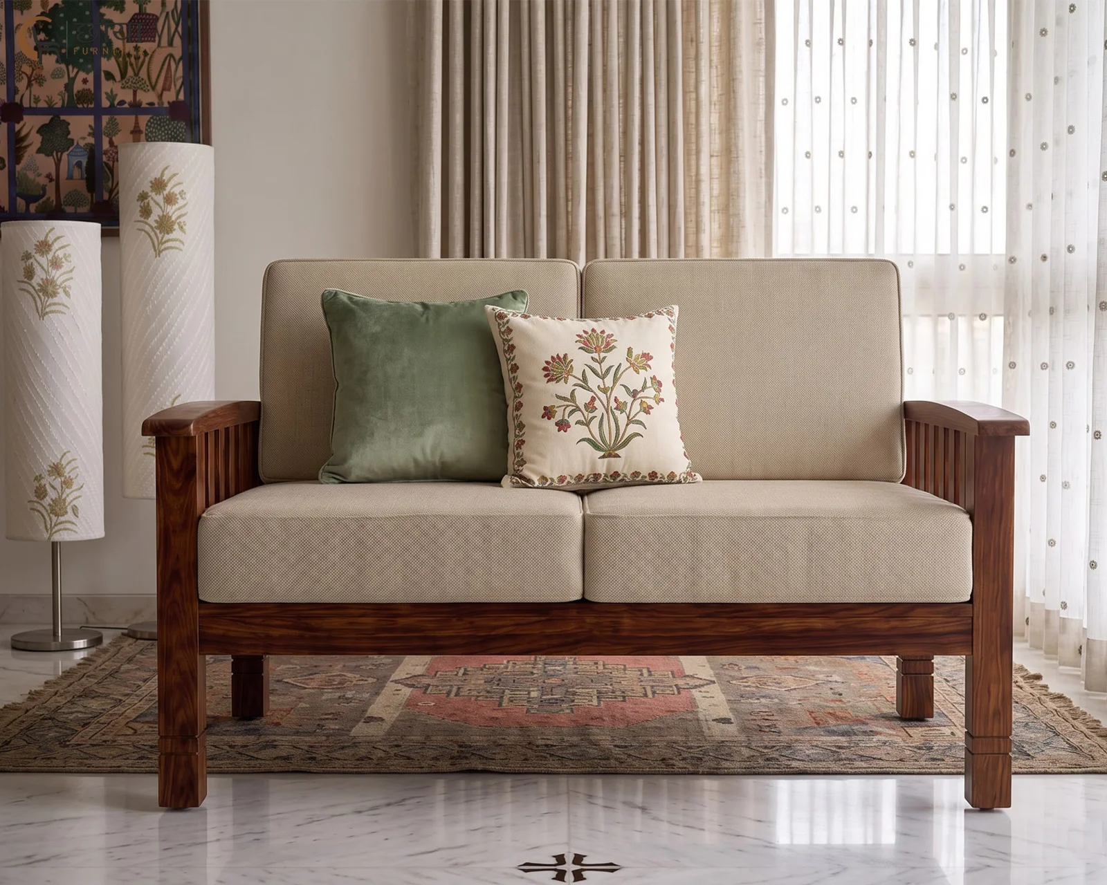Mehfil 2 Seater Wooden Sofa — front