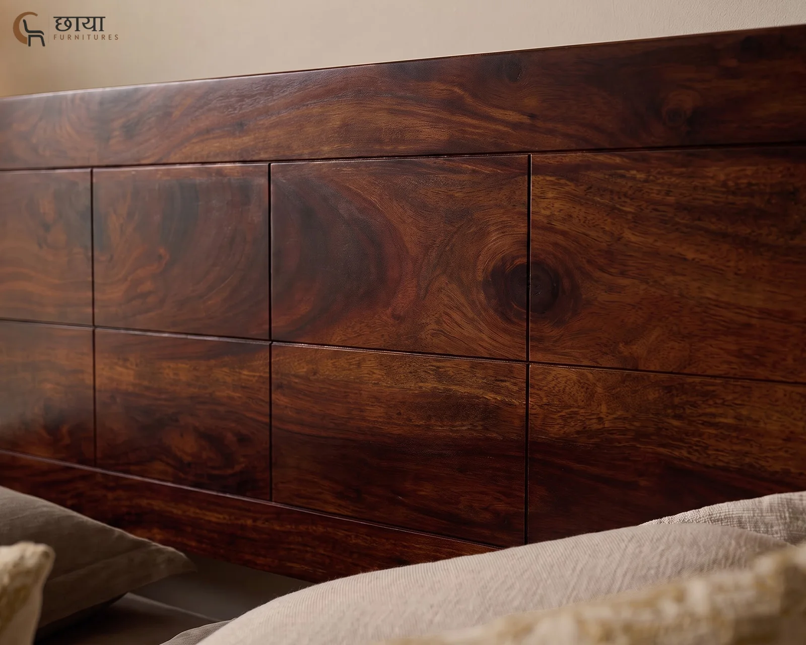 Orian Sheesham Wood Bed With Box Storage (Queen Size, Walnut Finish) — headboard closeup (2)