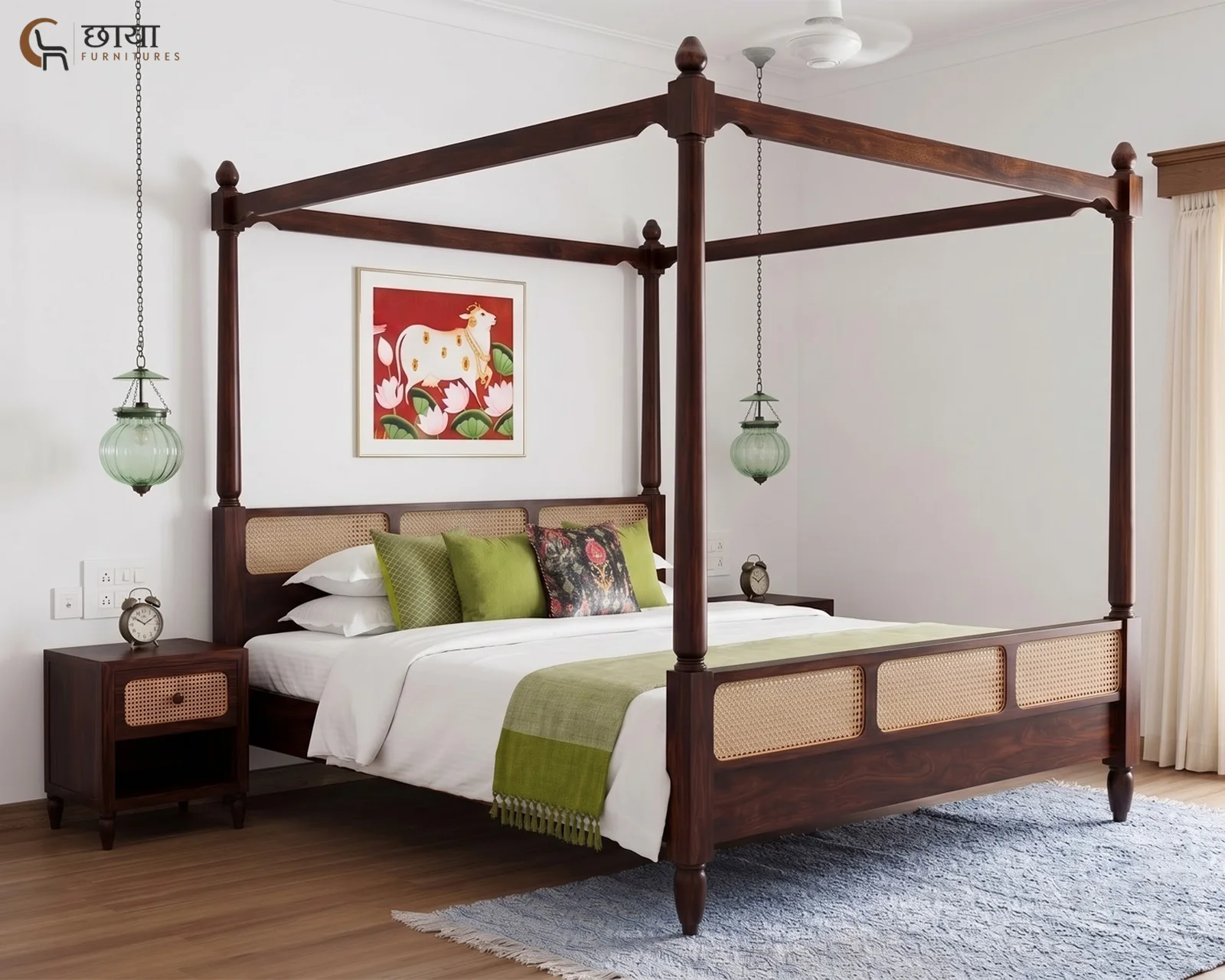 Samrath Sheesham Wood Poster Bed Without Storage (Queen Size, Walnut Finish) — 004