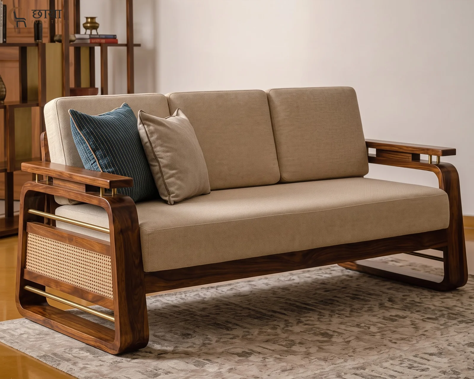 Diwas 3+1+1 Wooden Sofa (Teak Finish) — three 1