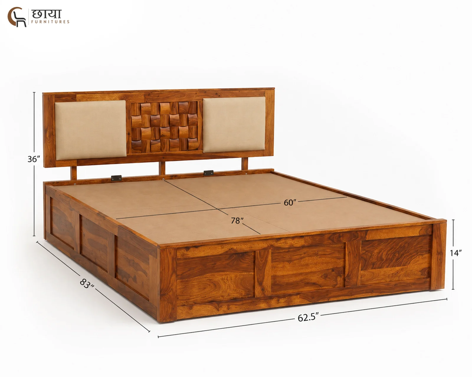 Nidra Sheesham Wood Bed With Box Storage (Queen Size, Honey Finish) — Queen Size 1