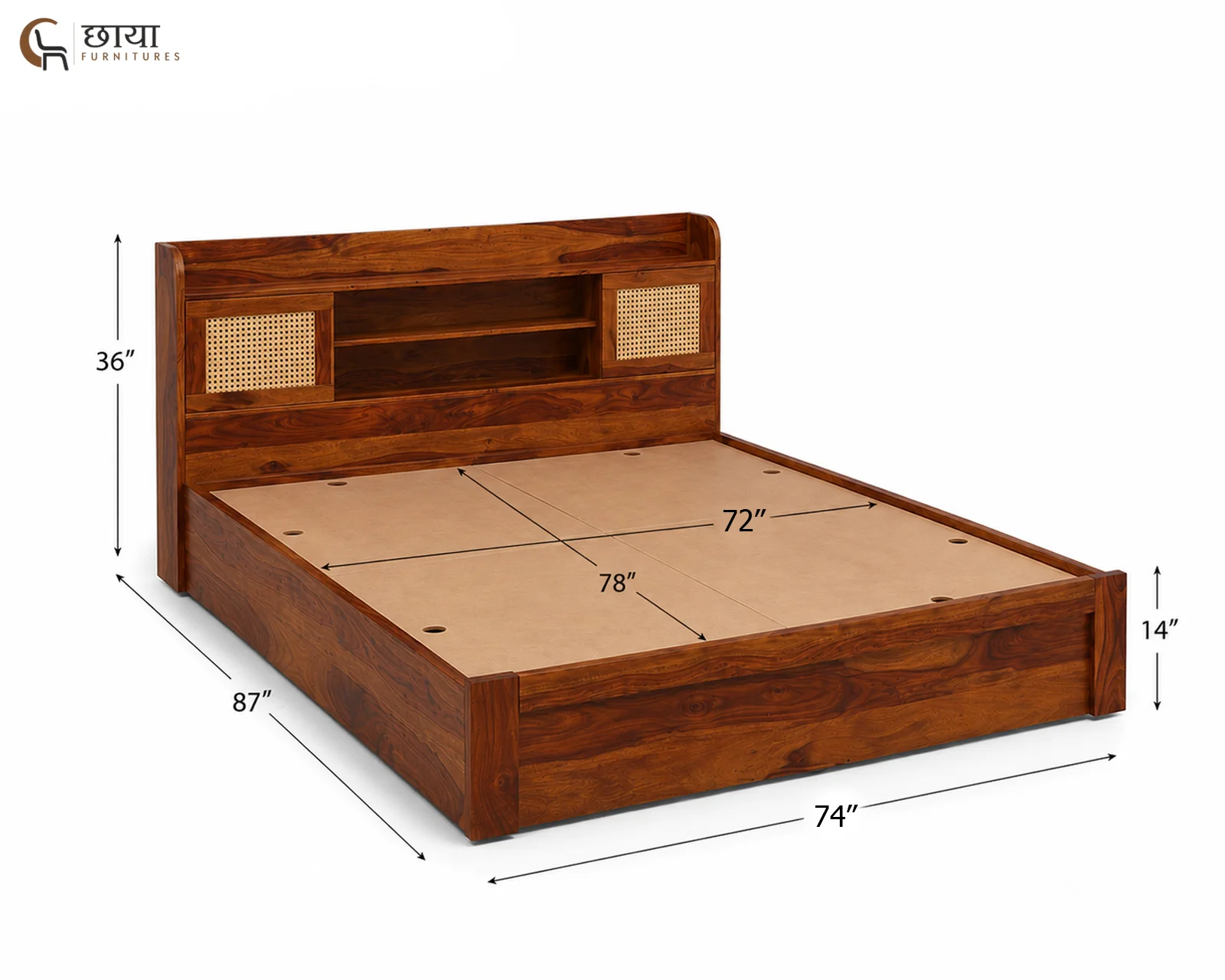 Nivas Sheesham Wood Bed With Box Storage (King Size, Honey Finish) — King Size 001