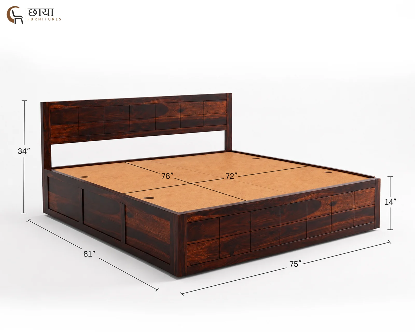 Orian Sheesham Wood Bed With Box Storage (King Size, Honey Finish) — King Size 1