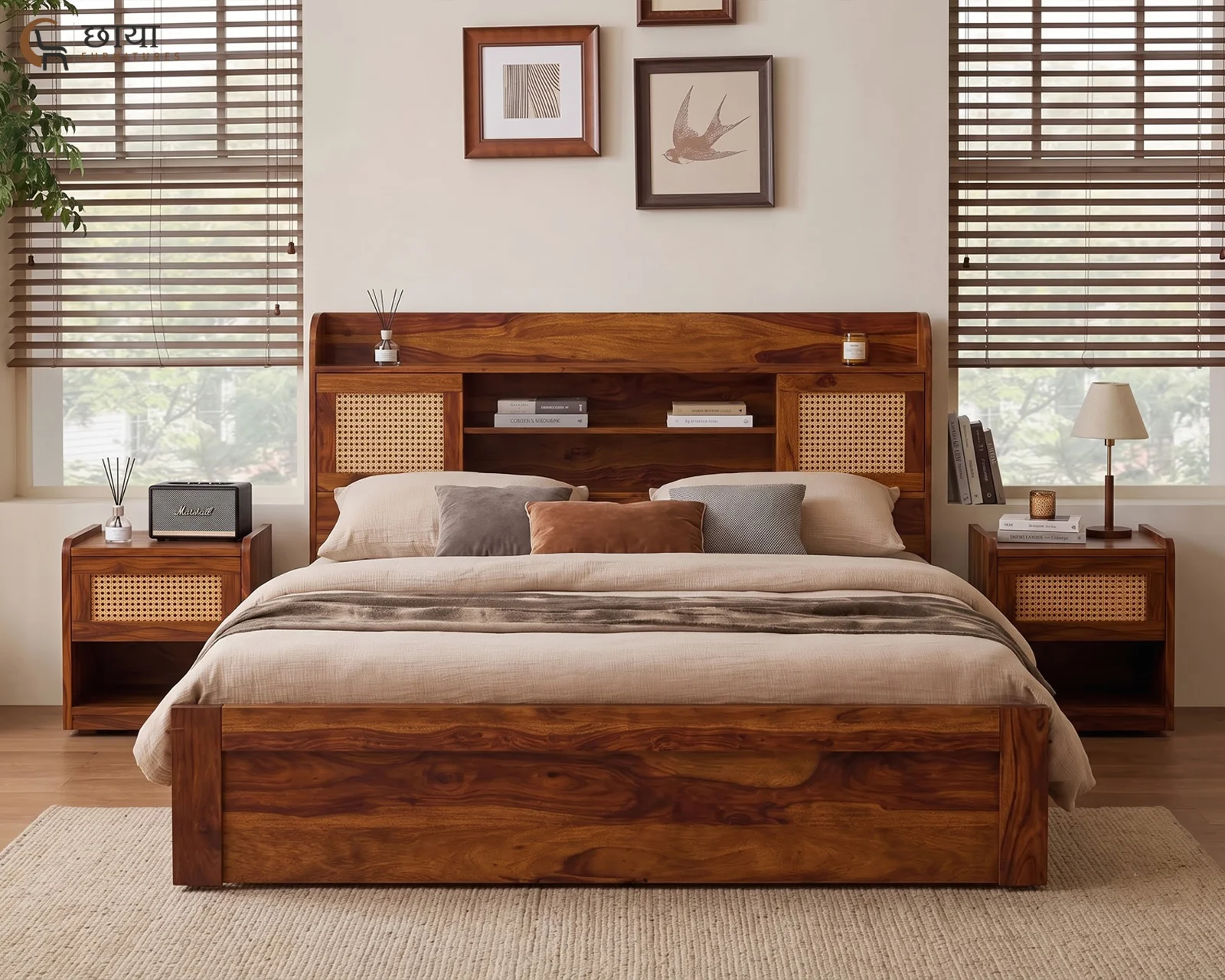 Nivas Sheesham Wood Bed With Box Storage (Queen Size, Honey Finish) — 001