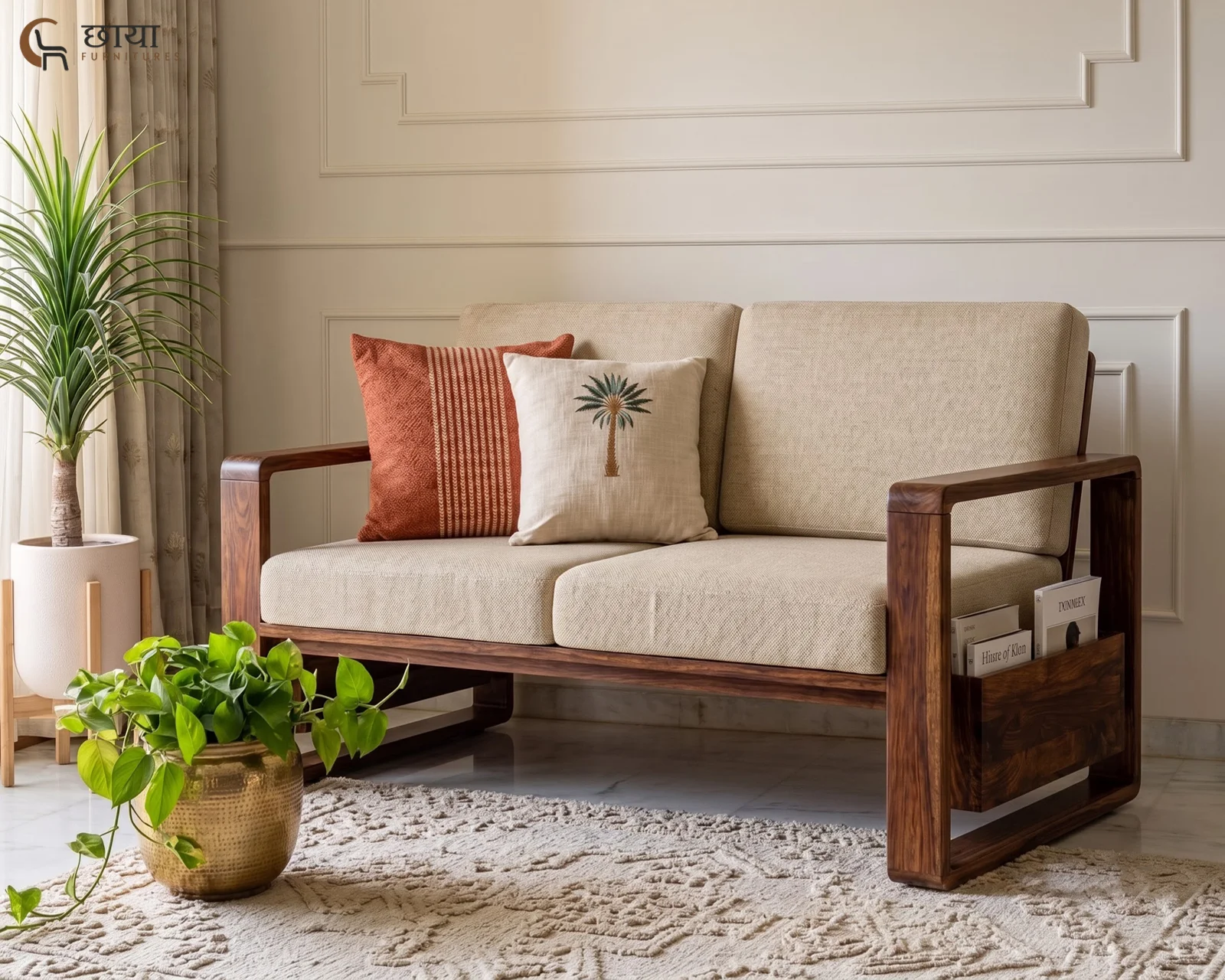 Aryan 2 Seater Wooden Sofa (Teak Finish) — front 1