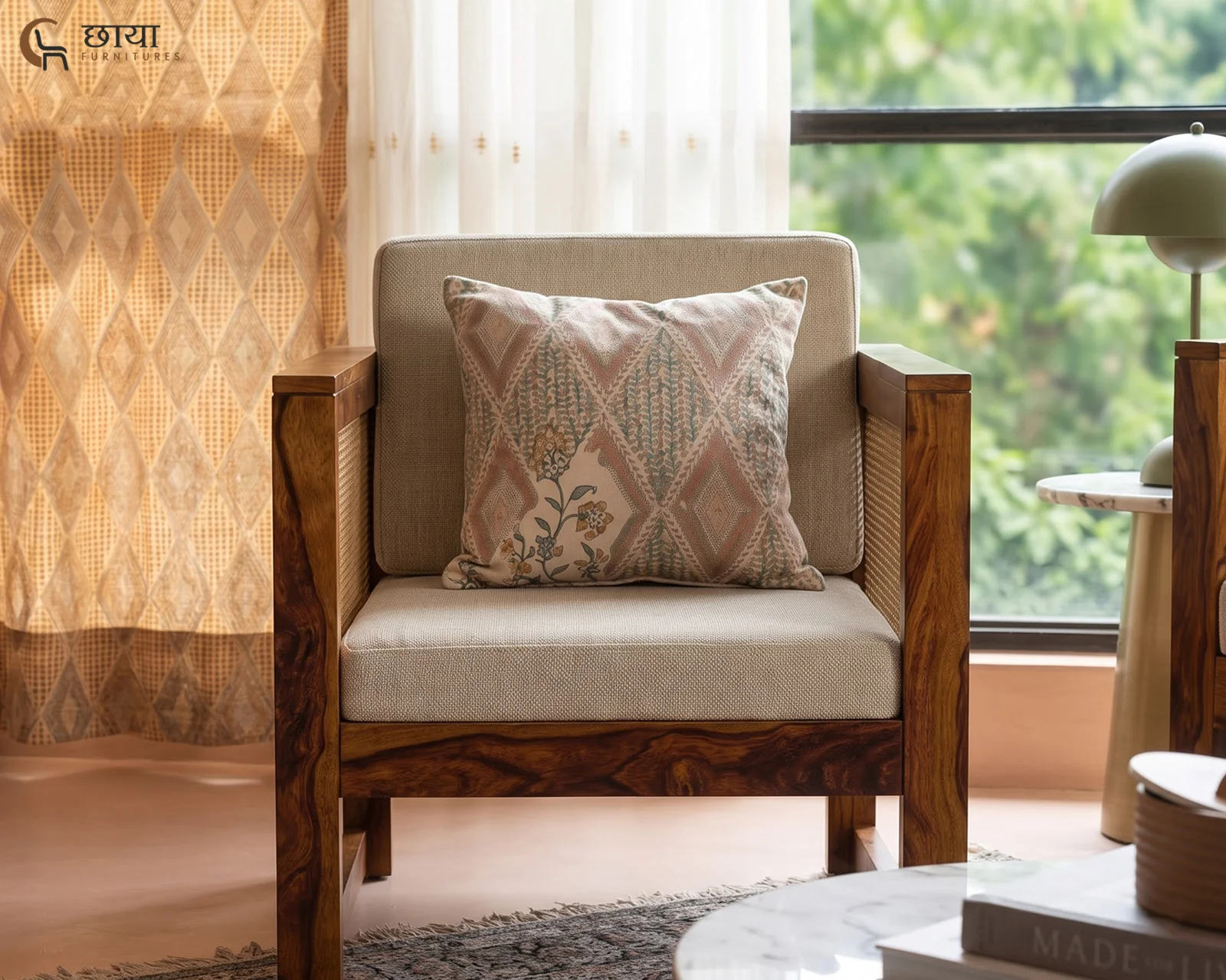 Baithak Single Seater Wooden Sofa (Honey Finish) — 72
