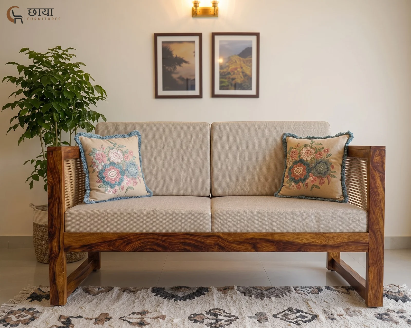 Baithak 2 Seater Wooden Sofa (Honey Finish) — 82