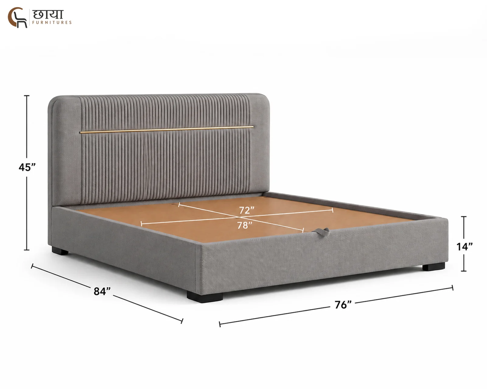 Nivara Fully Upholstered Bed With Hydraulic Storage (King Size, Grey) — king size 002