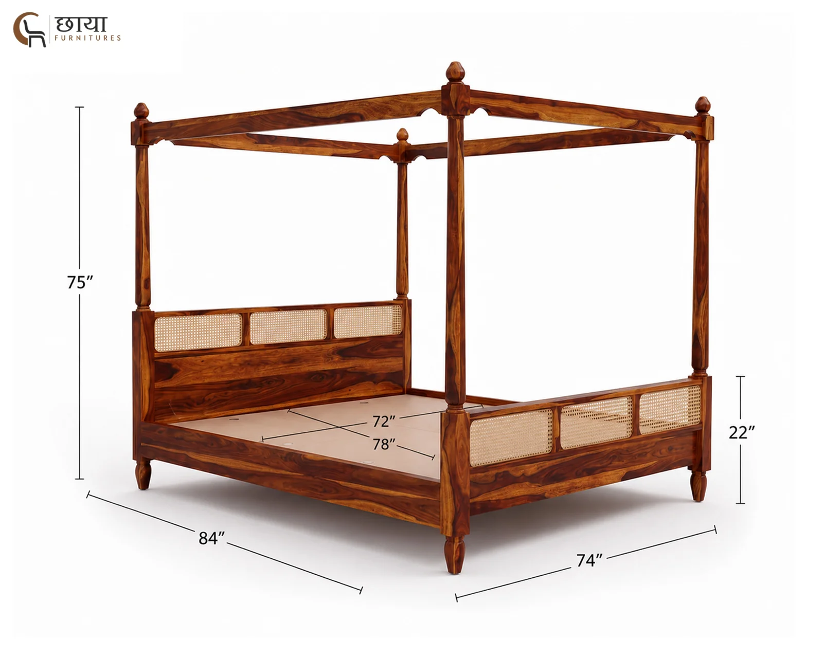Samrath Sheesham Wood Poster Bed Without Storage (King Size, Honey Finish) — King Size 002