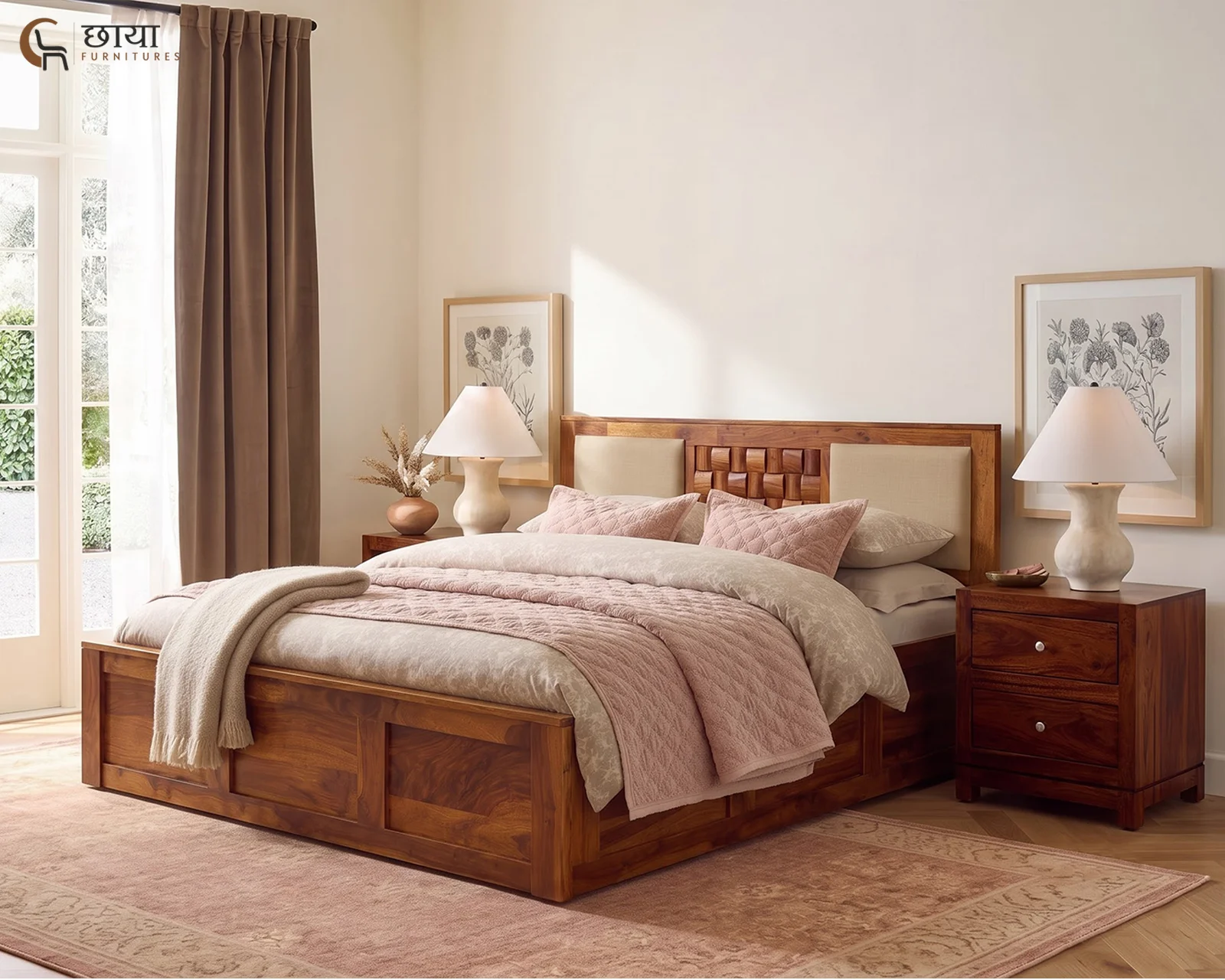 Nidra Sheesham Wood Bed With Box Storage (Queen Size, Honey Finish) — 001