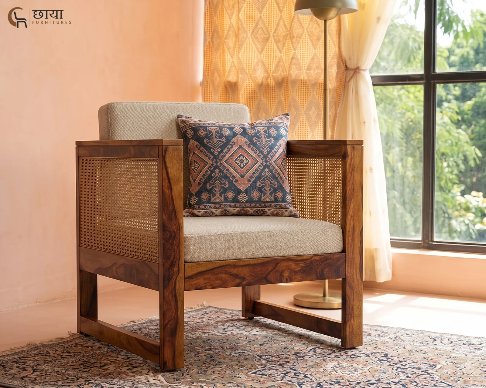 Baithak Single Seater Wooden Sofa (Honey Finish) — 73
