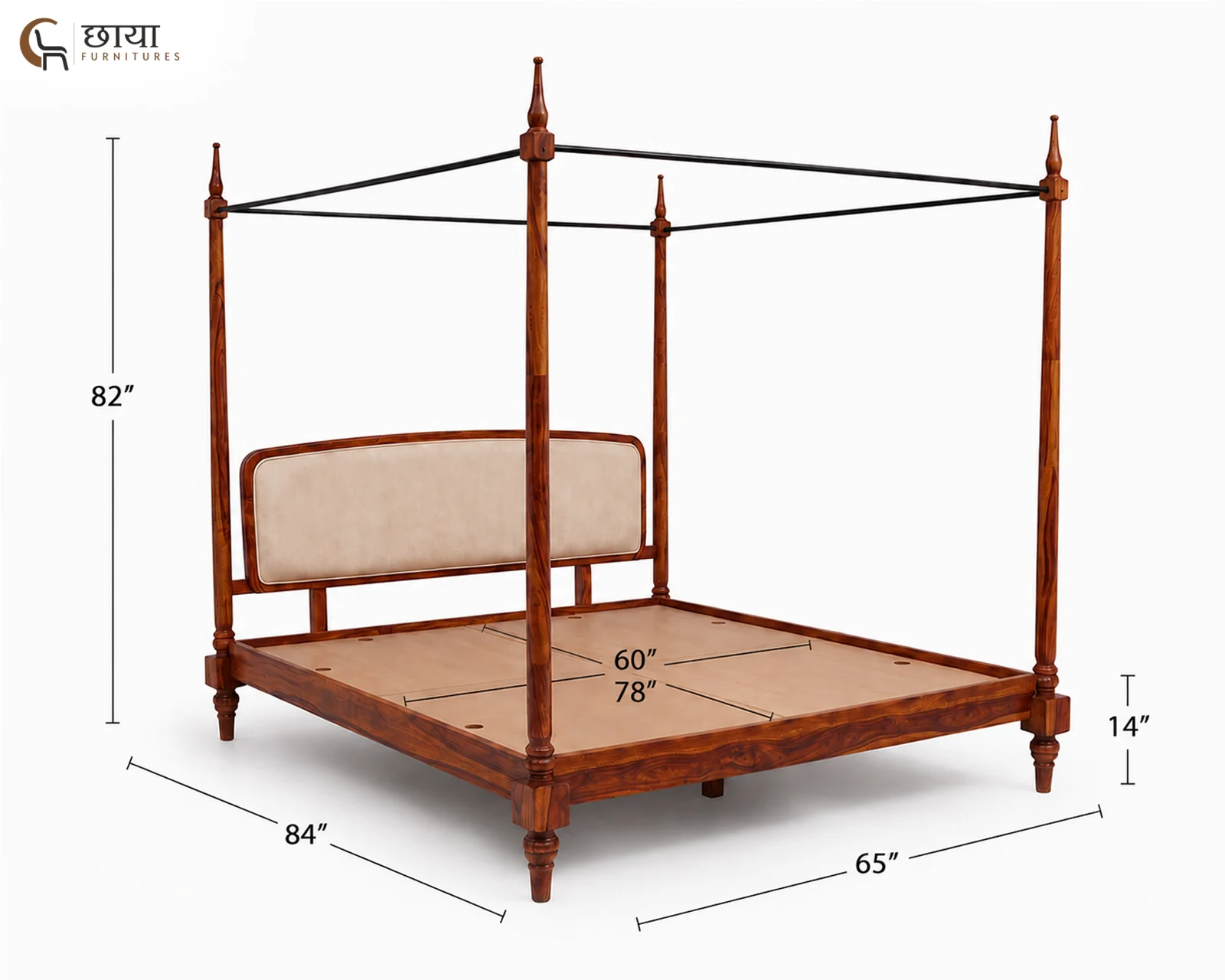 Rajveer Sheesham Wood Poster Bed Without Storage (Queen Size, Honey Finish) — Queen size 001