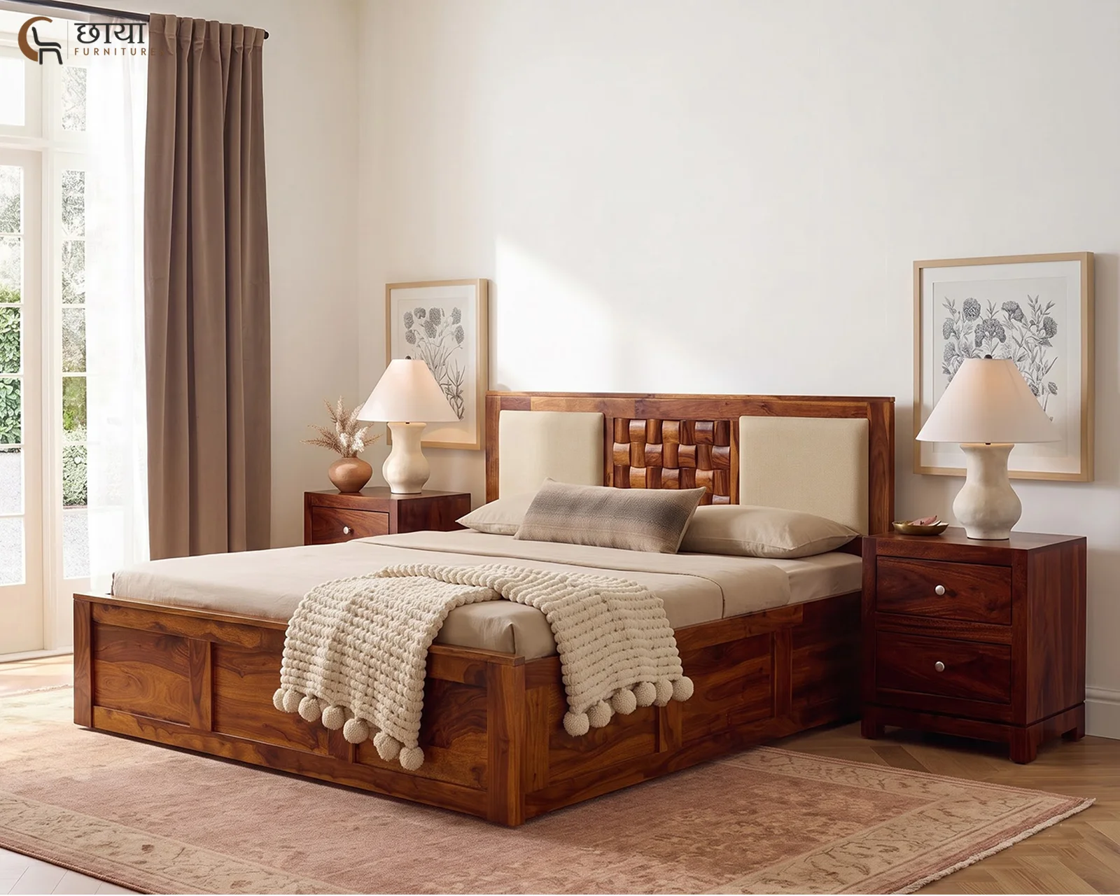 Nidra Sheesham Wood Bed With Box Storage (King Size, Honey Finish) — 002