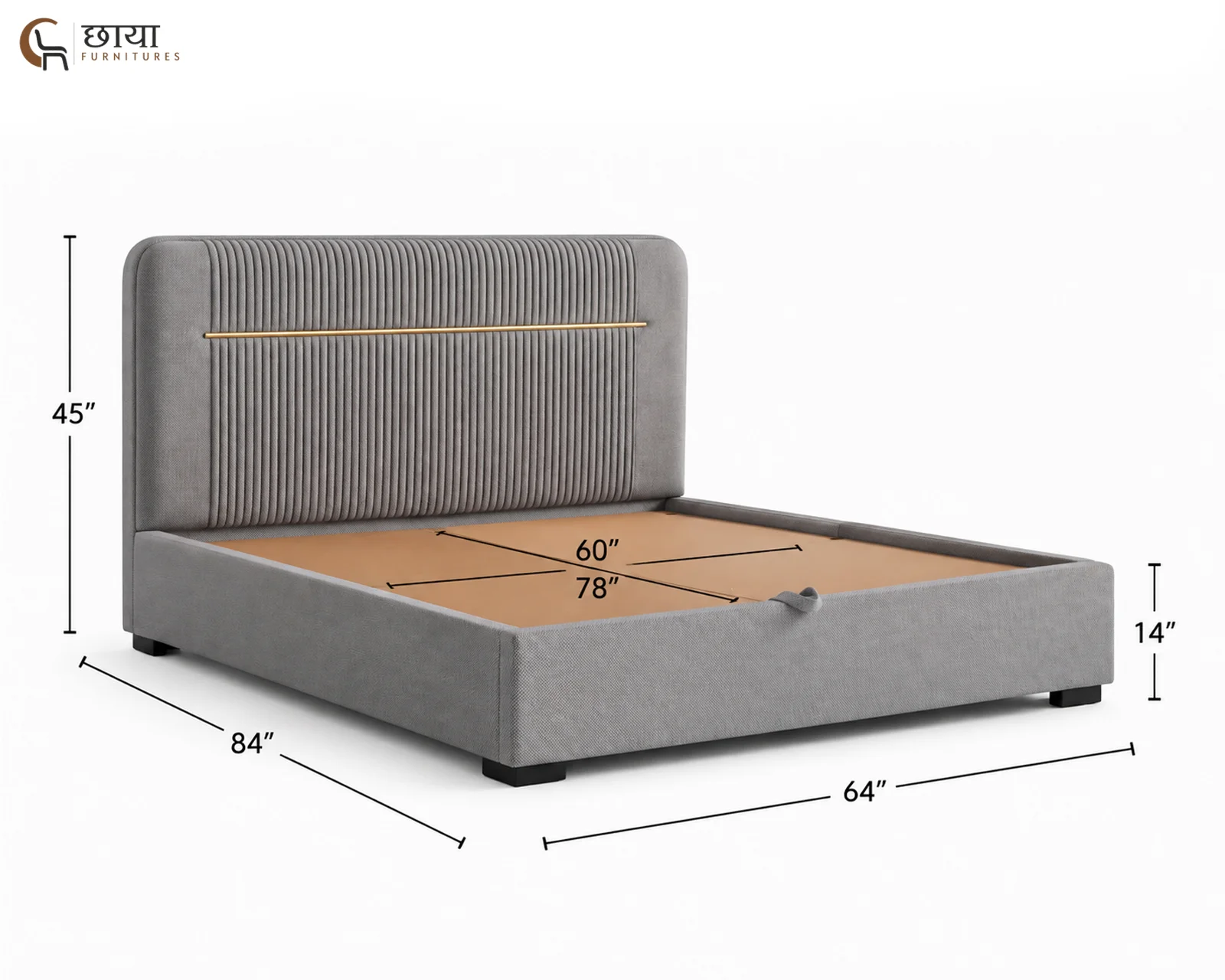 Nivara Fully Upholstered Bed With Hydraulic Storage (Queen Size, Grey) — queen size 002