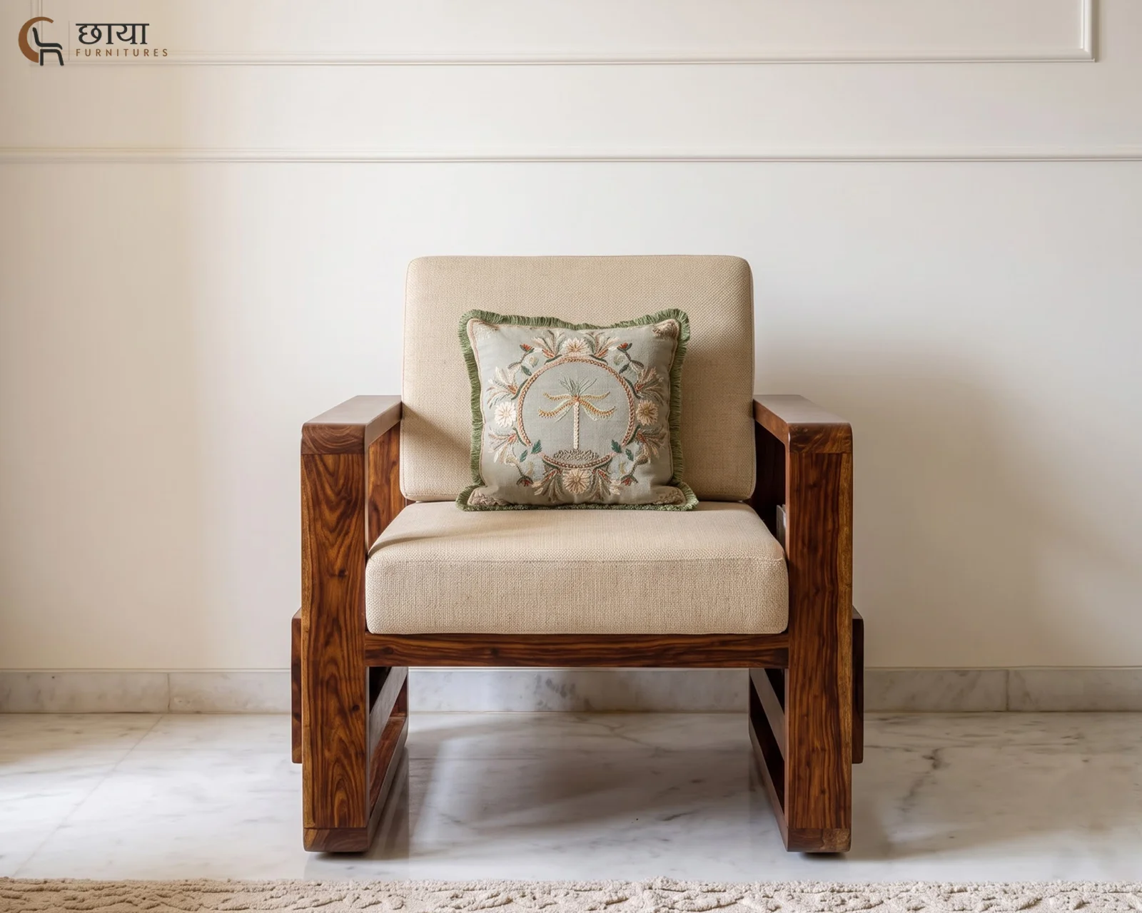 Aryan Single Seater Wooden Sofa (Teak Finish) — one 2