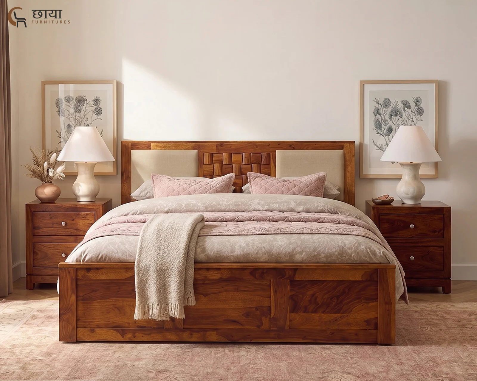 Nidra Sheesham Wood Bed With Box Storage (Queen Size, Honey Finish) — 006