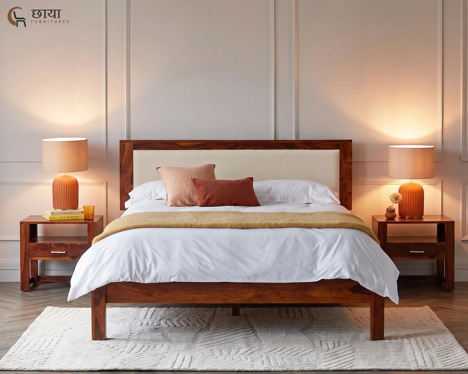 Riya Sheesham Wood Bed Without Storage (King Size, Honey Finish) — 002