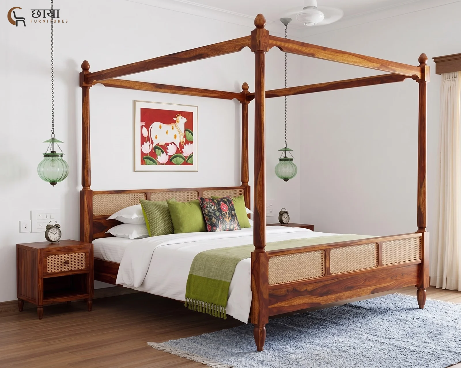 Samrath Sheesham Wood Poster Bed Without Storage (Queen Size, Honey Finish) — 003