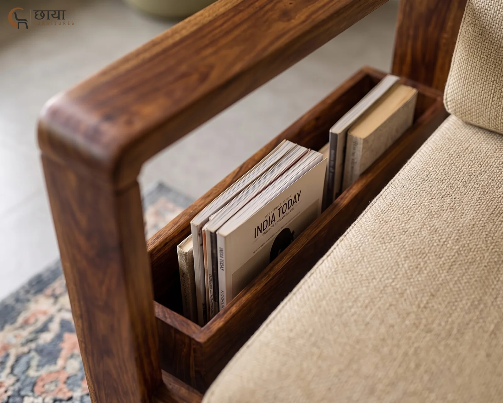 Aryan 2 Seater Wooden Sofa (Teak Finish) — closeup
