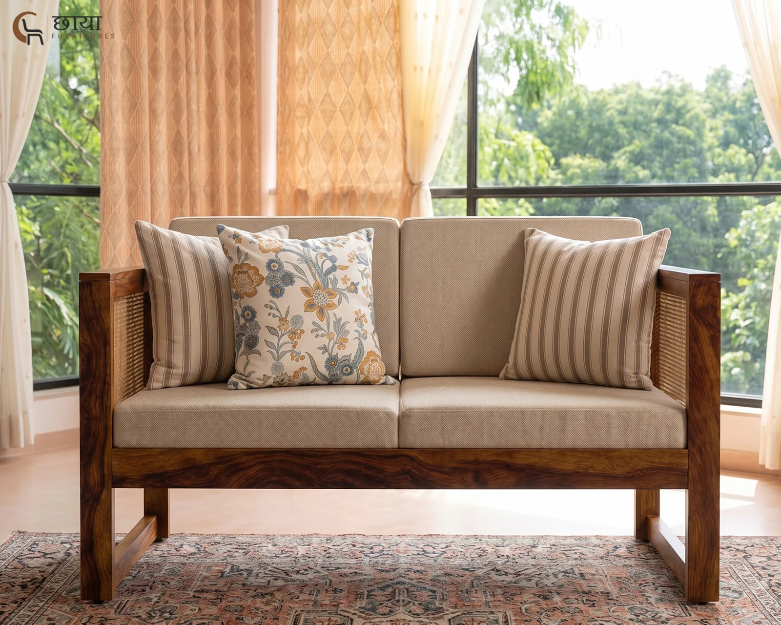 Baithak 2 Seater Wooden Sofa (Honey Finish) — 81