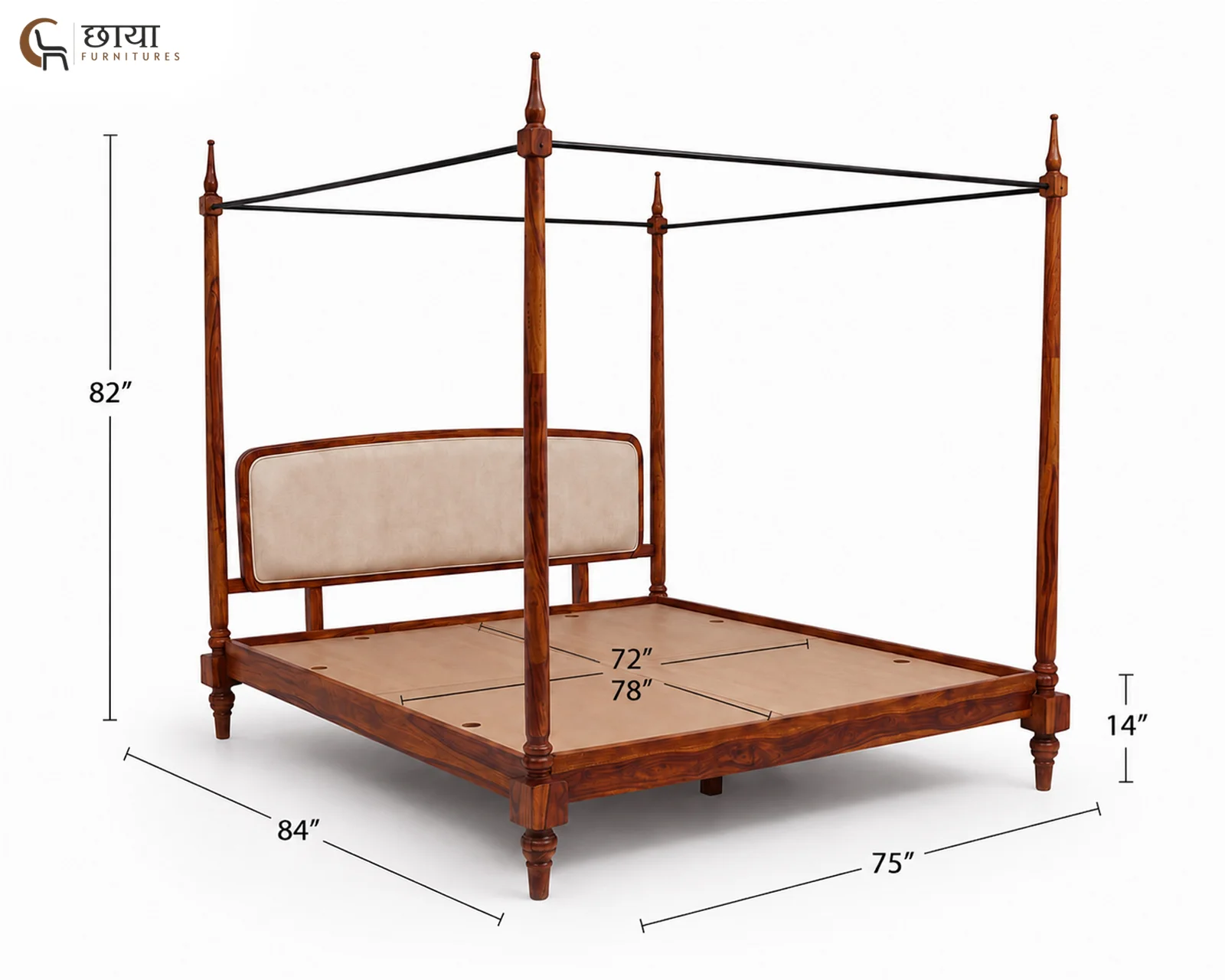 Rajveer Sheesham Wood Poster Bed Without Storage (King Size, Walnut Finish) — King Size 002