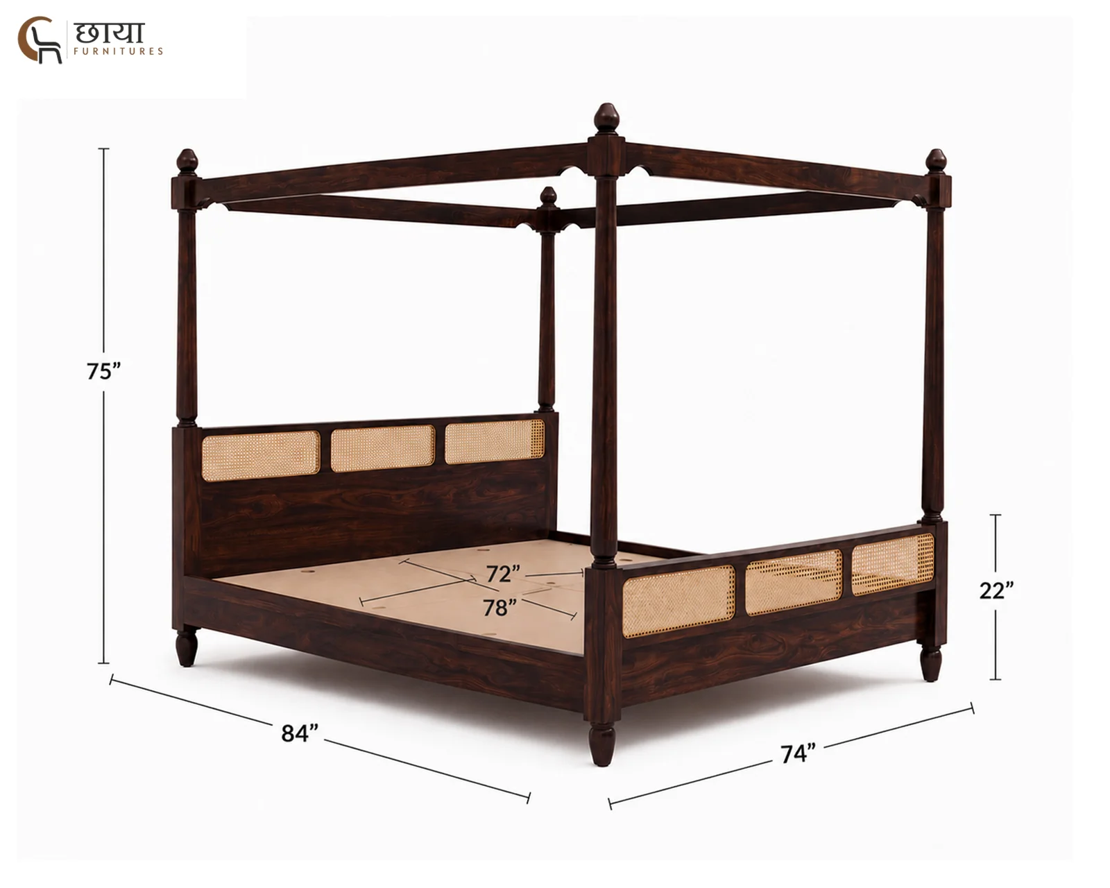 Samrath Sheesham Wood Poster Bed Without Storage (King Size, Walnut Finish) — King size 001