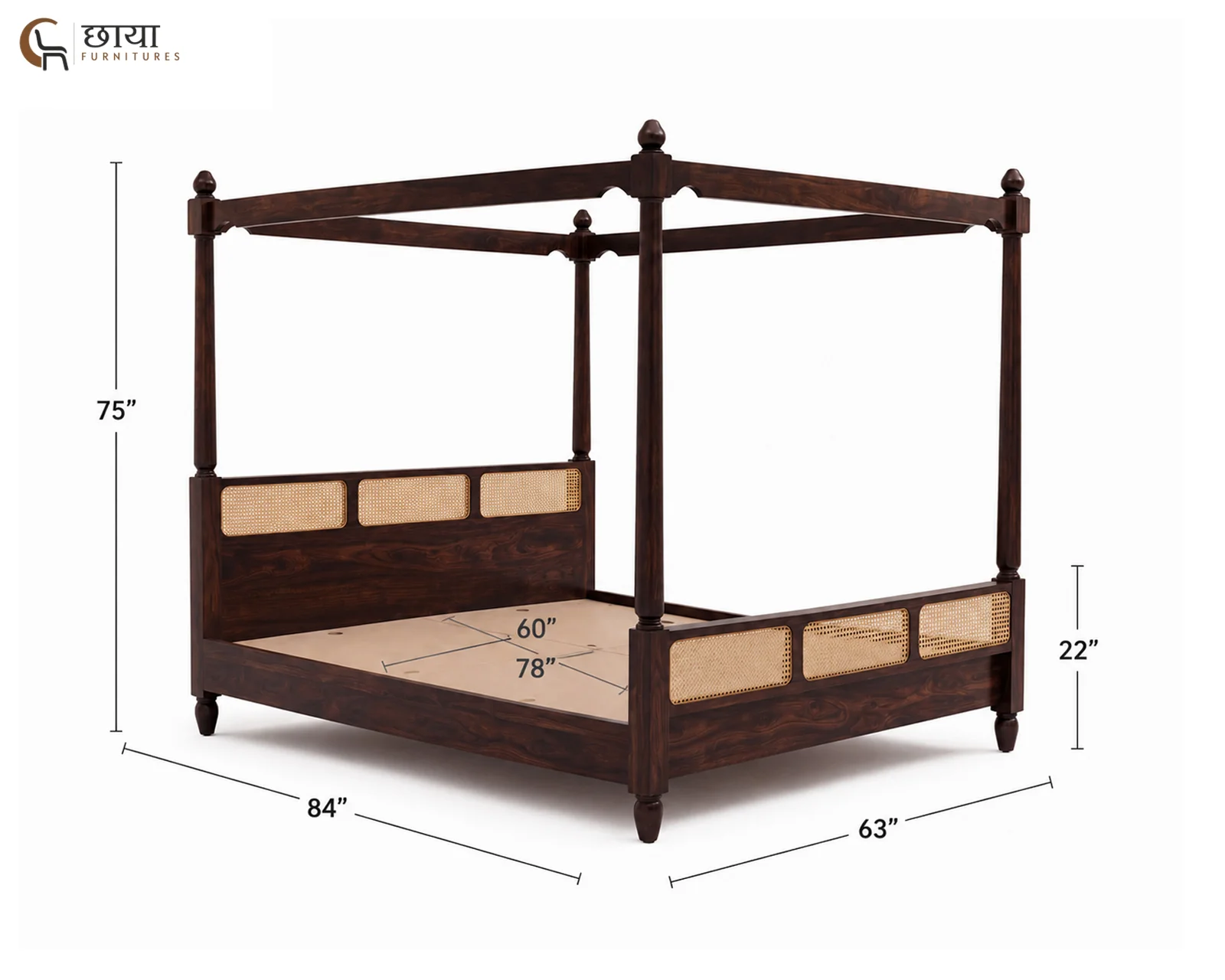 Samrath Sheesham Wood Poster Bed Without Storage (Queen Size, Walnut Finish) — Queen 002