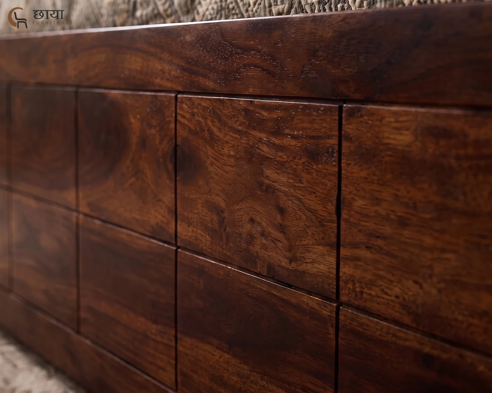 Shillong Sheesham Wood Bed With Box Storage (King Size) — footboard closeup (1)