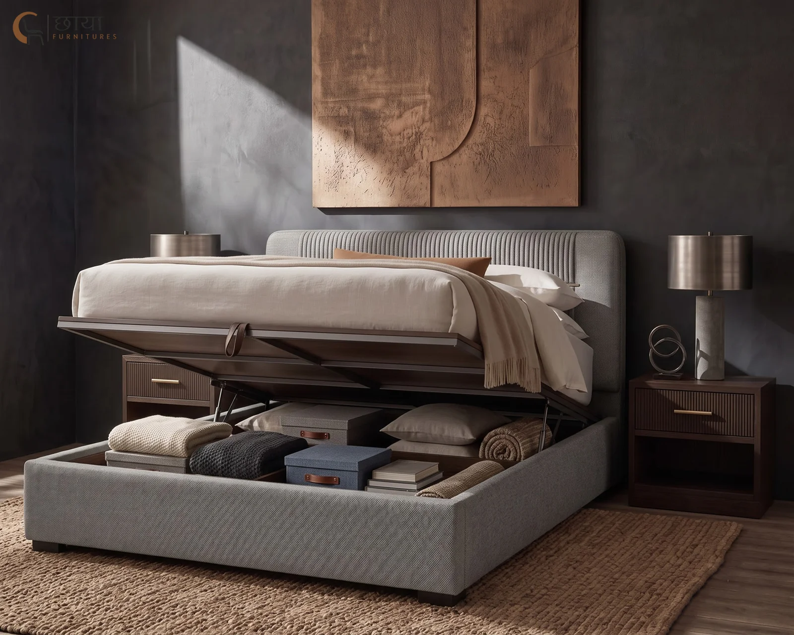 Nivara Fully Upholstered Bed With Hydraulic Storage (King Size, Grey) — 15