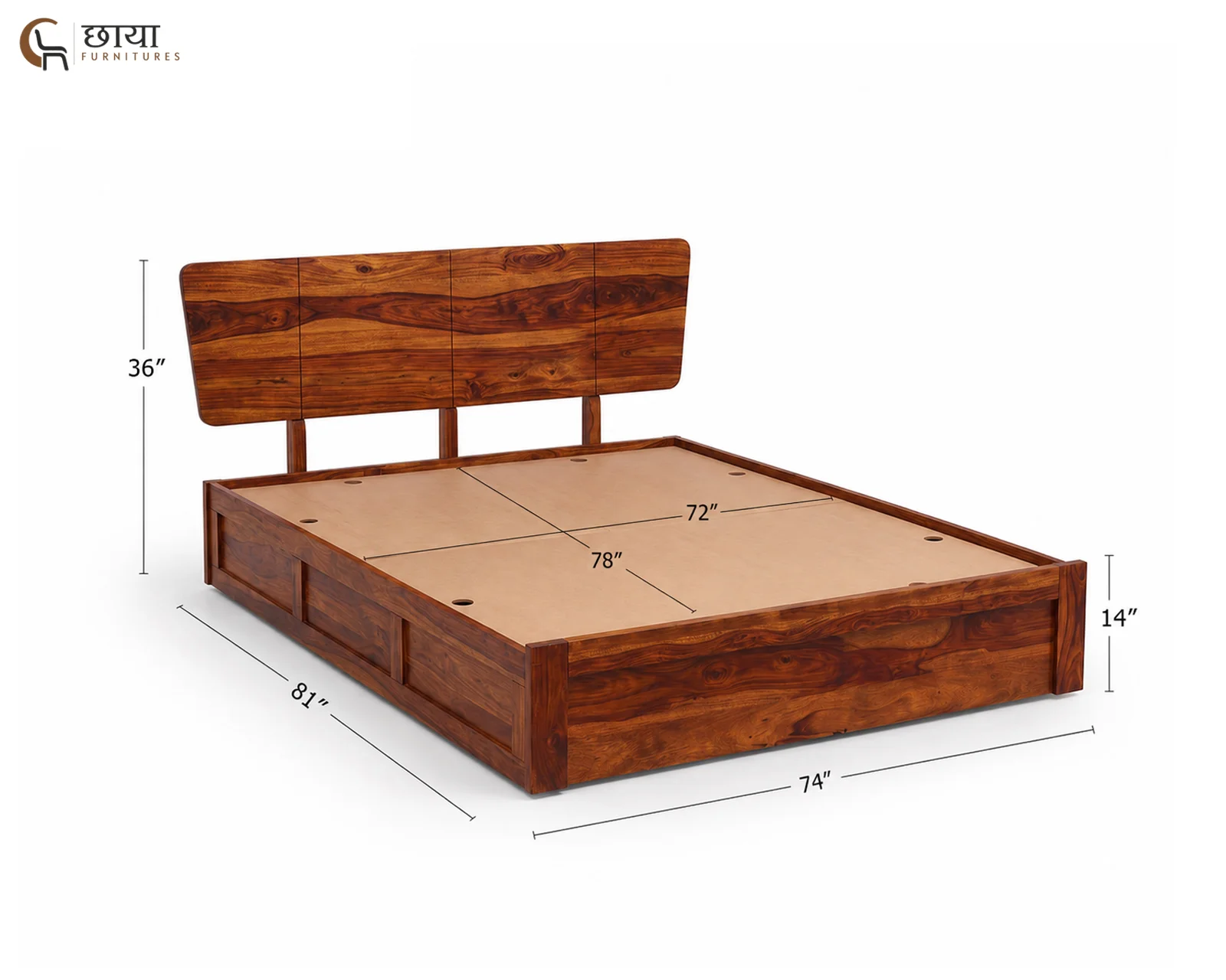 Veer Sheesham Wood Bed With Box Storage (King Size, Honey Finish) — King Size 001