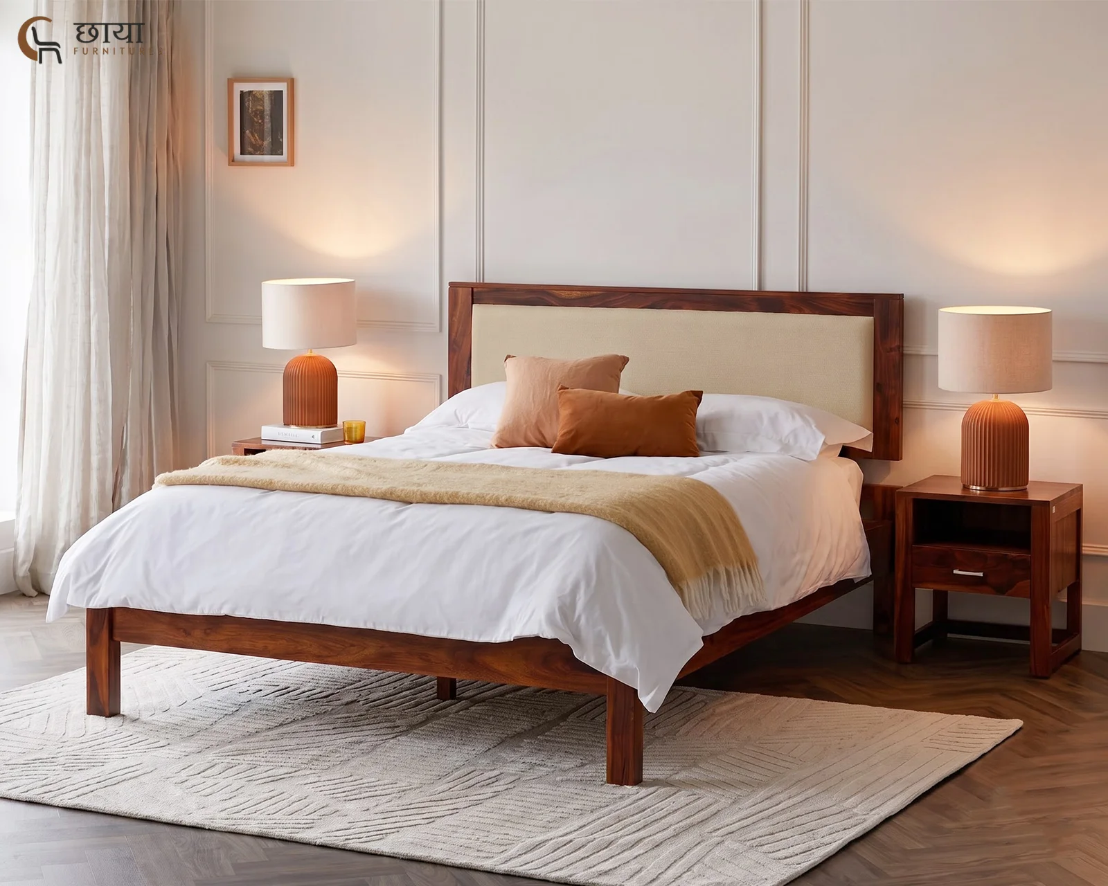 Riya Sheesham Wood Bed Without Storage (King Size, Honey Finish) — 001