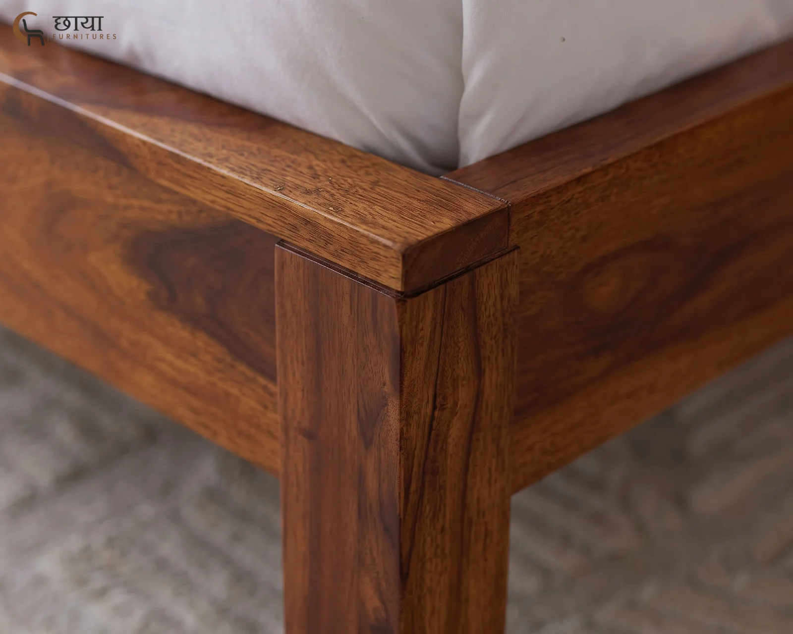 Riya Sheesham Wood Bed Without Storage (King Size, Honey Finish) — (4)