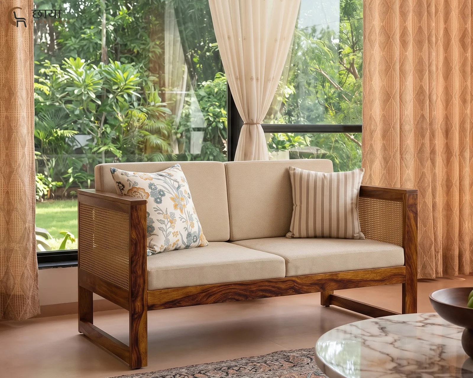 Baithak 2 Seater Wooden Sofa (Honey Finish) — 86