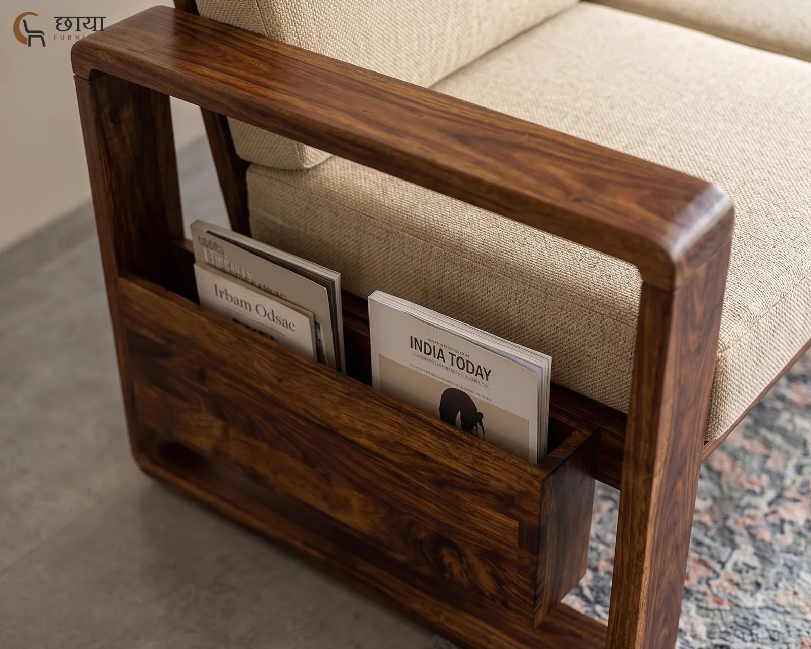 Aryan 2 Seater Wooden Sofa (Teak Finish) — closeup 1