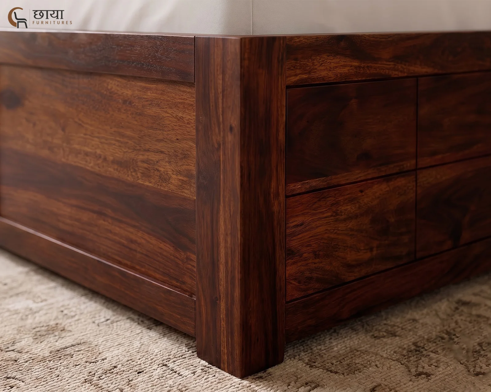 Orian Sheesham Wood Bed With Box Storage (King Size, Walnut Finish) — footboard closeup (2)
