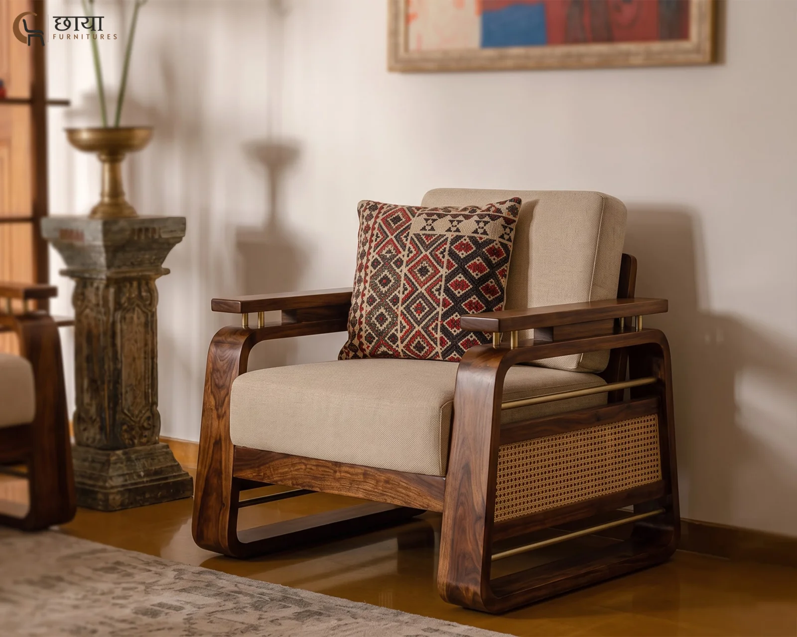 Diwas Single Seater Wooden Sofa (Teak Finish) — one seater 2