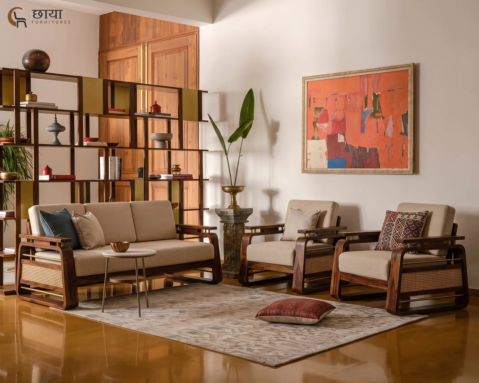 Diwas 3+1+1 Wooden Sofa (Teak Finish) — set 1