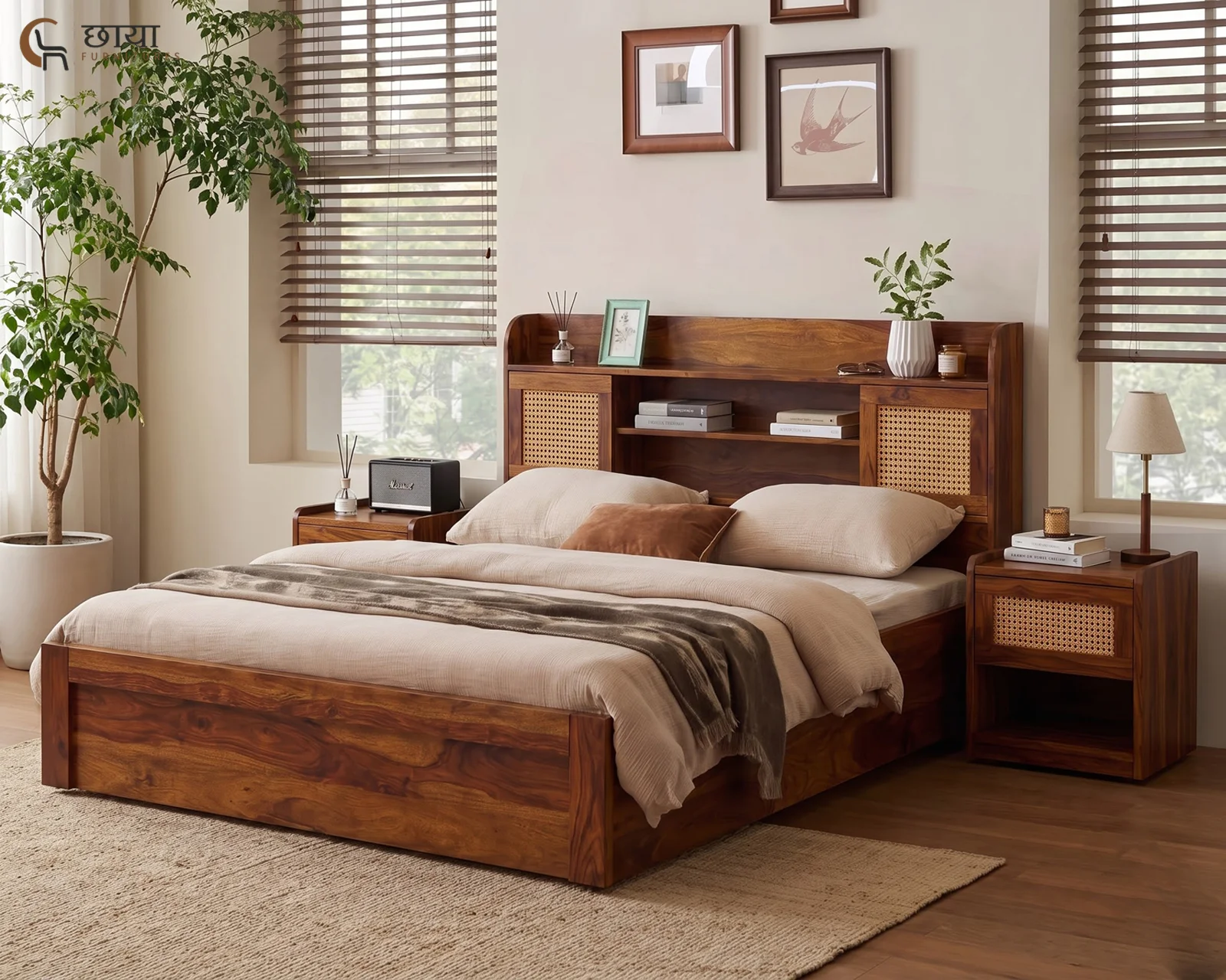 Nivas Sheesham Wood Bed With Box Storage (Queen Size, Honey Finish) — 003