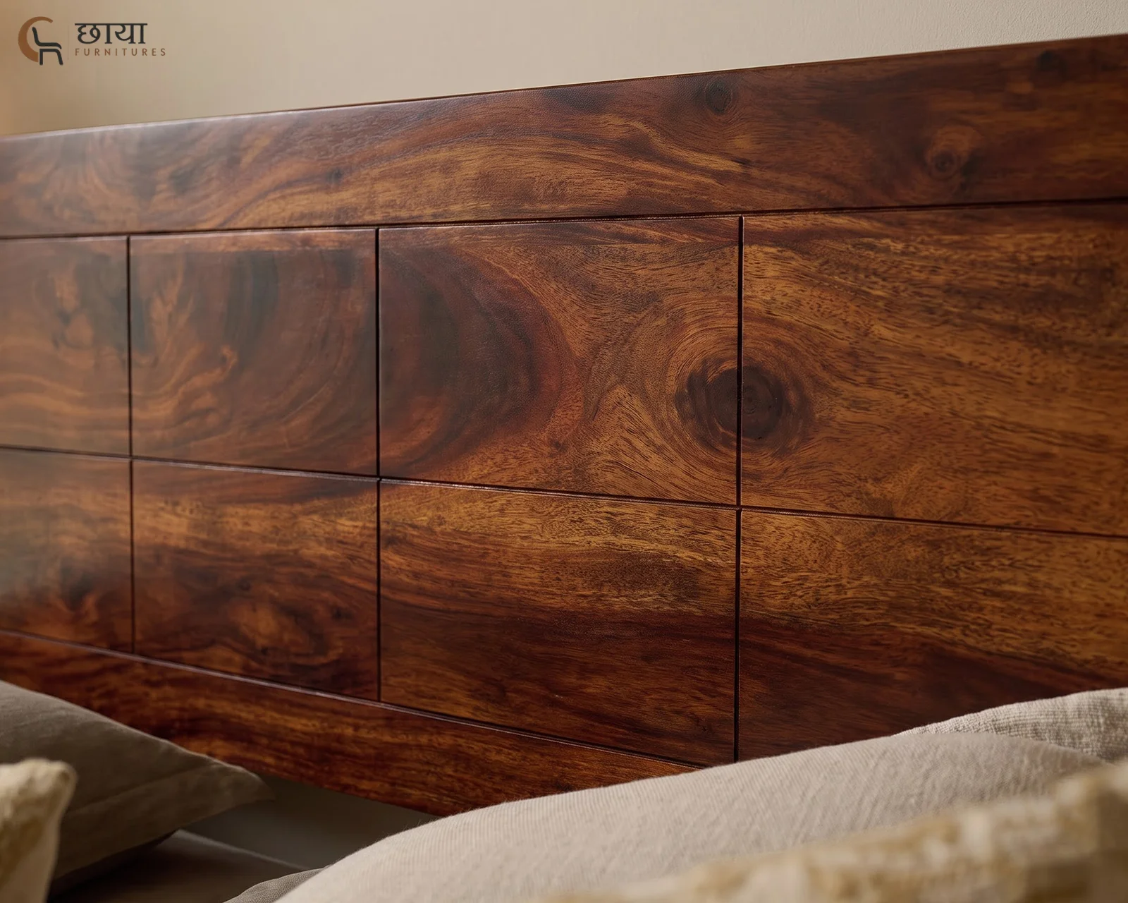 Orian Sheesham Wood Bed With Box Storage (King Size, Honey Finish) — Headboard closeup (2)