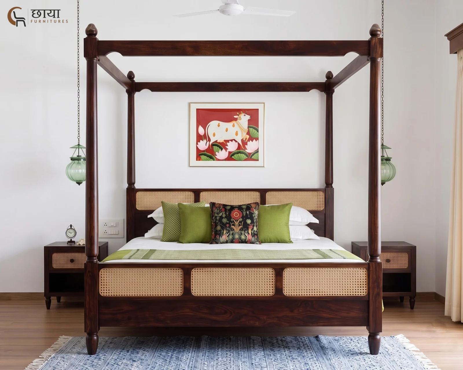Samrath Sheesham Wood Poster Bed Without Storage (Queen Size, Walnut Finish) — 001