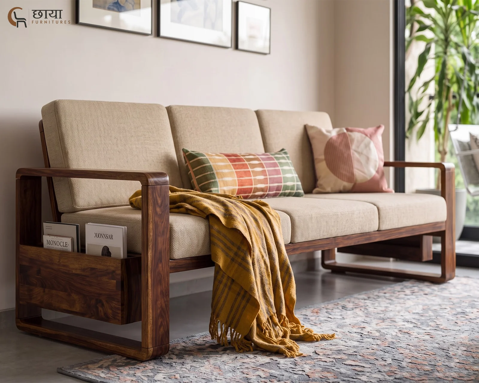 Aryan 3 Seater Wooden Sofa (Teak Finish) — 01
