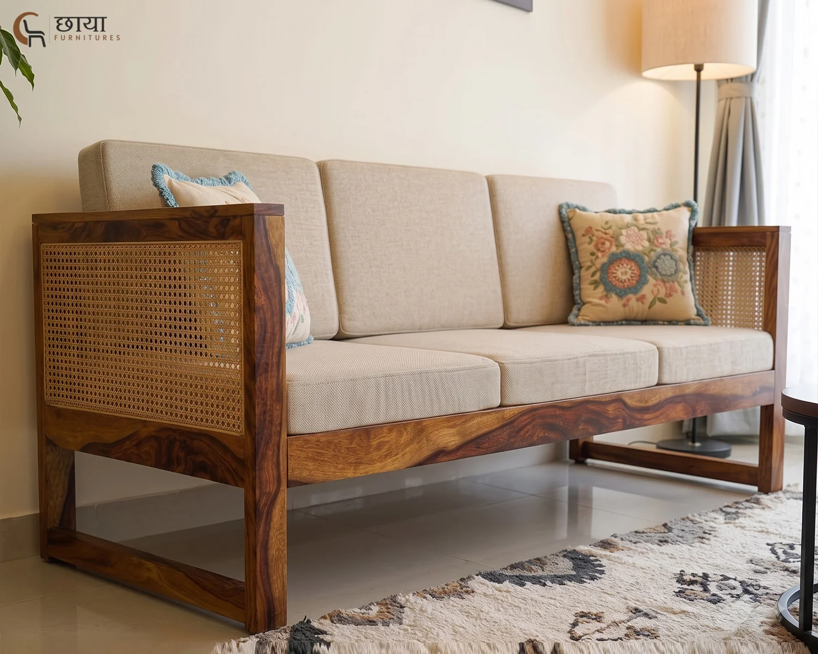 Baithak 3 Seater Wooden Sofa (Honey Finish) — 62