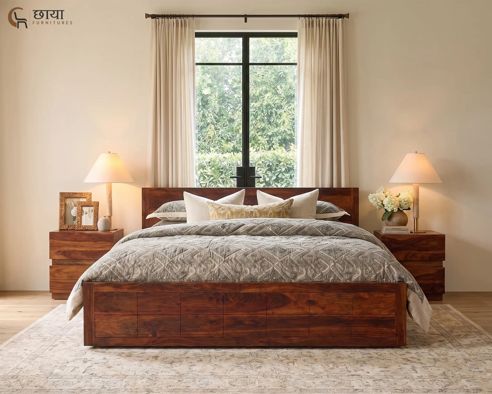 Orian Sheesham Wood Bed With Box Storage (King Size, Honey Finish) — 06