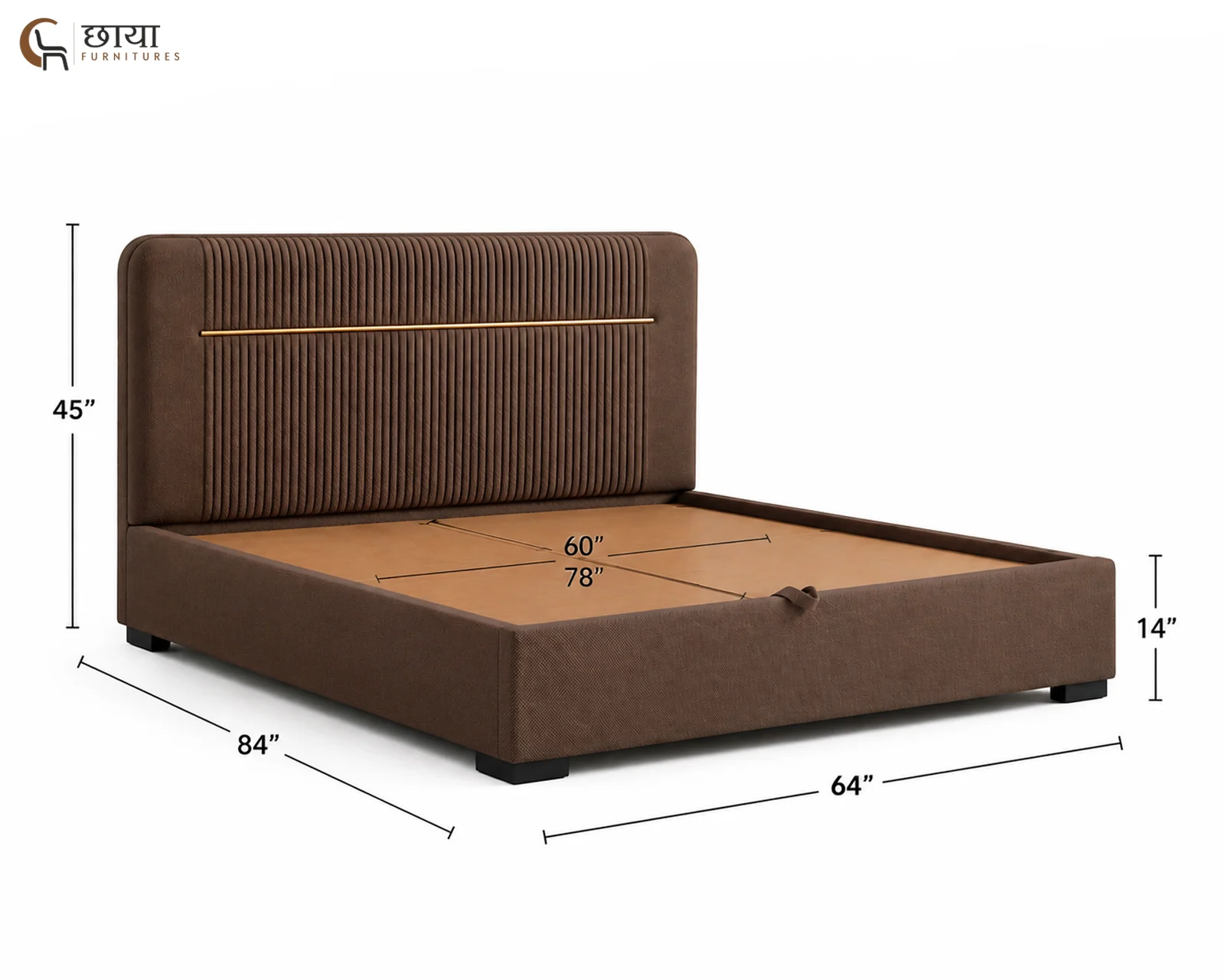 Nivara Fully Upholstered Bed With Hydraulic Storage (Queen Size, Brown) — queen size 001